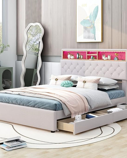 Full Size Bed Frame with LED Headboard, USB Charging, Upholstered Platform Bed with Storage Drawers and Headboard, No Box Spring Needed, Beige - LeafyLoom