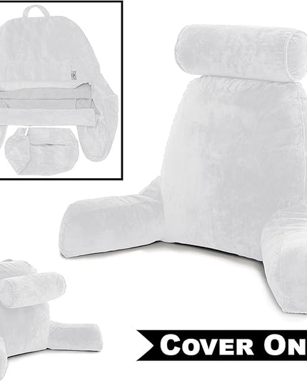 Husband Pillow XXL Cover Only White, Cozy Microfiber Bed Rest Pillow Cover with Arms - Array of Colors - Generous Side and Back Pockets for Your Favorite Comfy Reading Pillow - LeafyLoom