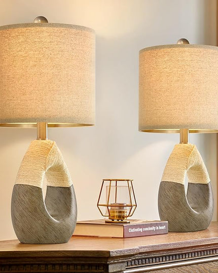 OYEARS Boho Table Lamps Bedroom Living Room Set 2 Sleeping and Reading,Small Farmhouse RattanTable Lamp 19”Rustic Egg Design Resin Light Decoration,Nightstand Bedside Lamps for Office Study Rest - LeafyLoom