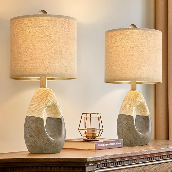 OYEARS Boho Table Lamps Bedroom Living Room Set 2 Sleeping and Reading,Small Farmhouse RattanTable Lamp 19”Rustic Egg Design Resin Light Decoration,Nightstand Bedside Lamps for Office Study Rest - LeafyLoom