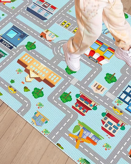 Kids Car Rug, 3x5 City Life Traffic Road Playmat for Toy Cars Trains, Non-Slip Race Track Carpet Educational Fun Area Rugs for Boy and Girl Bedroom Nursery - LeafyLoom