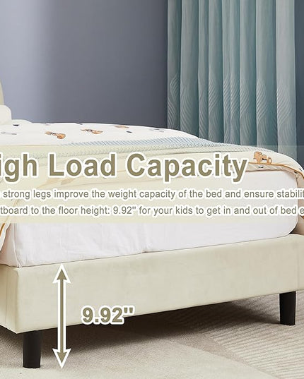 VECELO Kids Twin Size Platform bed Frame with Upholstered Headboard, Princess Beds for Girls, 12 Wooden Slats Support, No Boxing Spring Needed,Beige - LeafyLoom