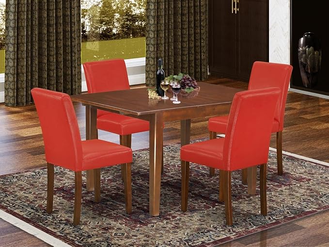 East West Furniture MLAB5-MAH-72 Milan 5 Piece Dining Set Includes a Rectangle Kitchen Table with Butterfly Leaf and 4 Firebrick Red Faux Leather Upholstered Chairs, 36x54 Inch - LeafyLoom