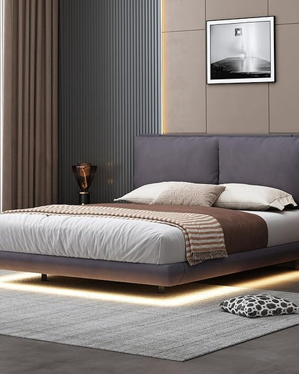 Queen Size Velvet Upholstered Platform Bed with Sensor Light and 2 Large Backrests,Wood Floating Bed Frame w/Two sets of USB Port & Sockets,Multi-Function,for Kids Teeens Adults,Gray - LeafyLoom
