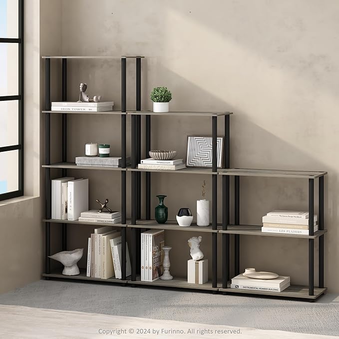 Furinno Turn-N-Tube 4-Tier Multipurpose Shelf Display Rack, Shelving Unit, Bookcase, French Oak/Black - LeafyLoom