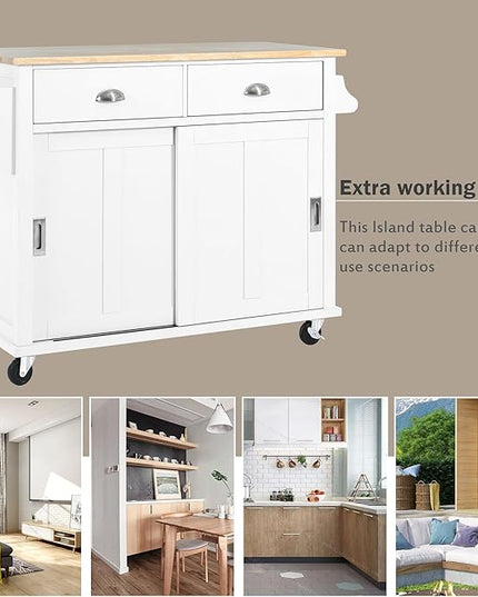 Kitchen Cart with Rubber Wood Drop-Leaf Countertop and Sliding Barn Door, Rolling Mobile Kitchens Island on Wheels w/Storage and Towel Rack for Dining Room Kitchen - LeafyLoom