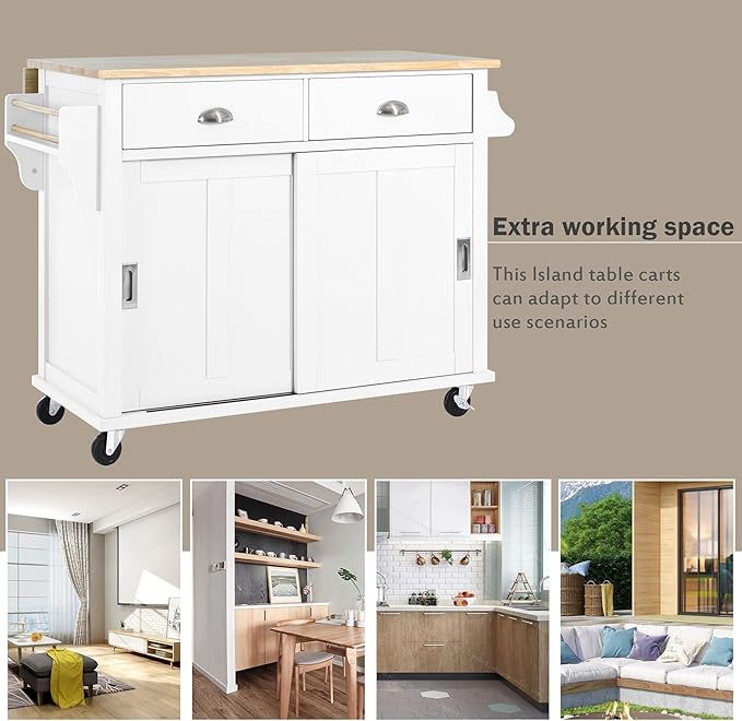 Kitchen Cart with Rubber Wood Drop-Leaf Countertop and Sliding Barn Door, Rolling Mobile Kitchens Island on Wheels w/Storage and Towel Rack for Dining Room Kitchen - LeafyLoom