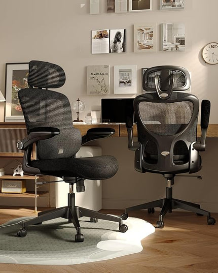 Ergonomic Mesh Office Chair, High Back Desk Chair with Adjustable Lumbar Support, Flip-Up Armrests, Headrest, Swivel Rolling Wheel, Comfy Computer Gaming Task Chairs for Adults Students (Black) - LeafyLoom