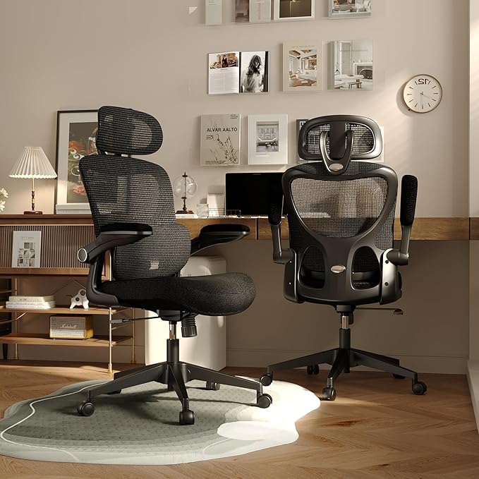 Ergonomic Mesh Office Chair, High Back Desk Chair with Adjustable Lumbar Support, Flip-Up Armrests, Headrest, Swivel Rolling Wheel, Comfy Computer Gaming Task Chairs for Adults Students (Black) - LeafyLoom