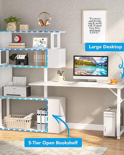 Rotating Computer Desk L-Shaped Office Desk with 5 Shelves Bookcase, Reversible Writing Desk Study Table with Wheels for Home Office, White - LeafyLoom