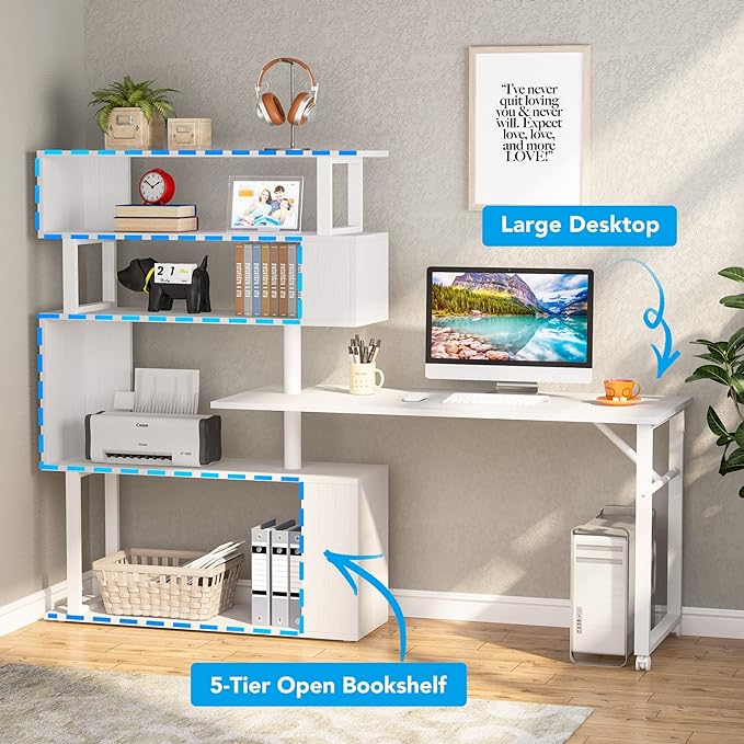 Rotating Computer Desk L-Shaped Office Desk with 5 Shelves Bookcase, Reversible Writing Desk Study Table with Wheels for Home Office, White - LeafyLoom