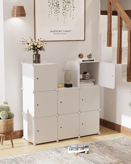 C&AHOME Cube Storage Organizer with Doors, 9-Cube Shelf, Closet Cabinet, DIY Plastic Modular Bookshelf, Storage Shelves Ideal for Bedroom,Living Room,36.6”L x 12.4”W x 36.6”H Milky USHS3009M-DOOR - LeafyLoom