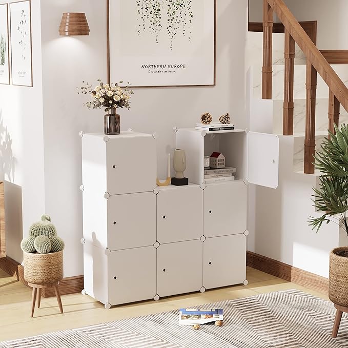 C&AHOME Cube Storage Organizer with Doors, 9-Cube Shelf, Closet Cabinet, DIY Plastic Modular Bookshelf, Storage Shelves Ideal for Bedroom,Living Room,36.6”L x 12.4”W x 36.6”H Milky USHS3009M-DOOR - LeafyLoom