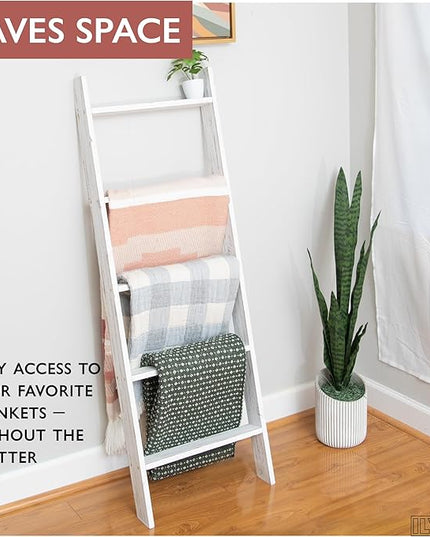 Ilyapa Blanket Ladder for Living Room, Towel Holder Stand - 54x18 Rustic Decorative Quilt Ladder, Blanket Ladders for Living Room Farmhouse, White Weathered Wood, Farmhouse Decor Living Room - LeafyLoom
