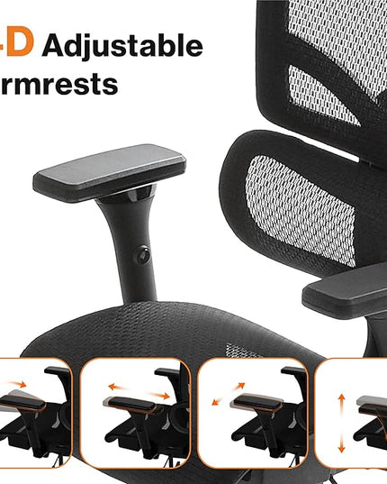 WELLNEW Prestige Ergonomic Office Chair - Height Adjustable Backrest Lumbar Support, Seat Depth Adjust, 3D Headrest, 4D Armrests, Blade Wheels, Mesh Computer Gaming Chairs Executive Swivel Chair - LeafyLoom