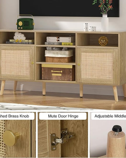 Anmytek Rattan TV Stand for TV up to 65inch,30'' Tall Farmhouse TV Stand Mid Century Modern TV Stand with Storage TV Console Entertainment Center Media Cabinet for Living Room Bedroom - LeafyLoom