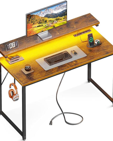 AODK Small Desk, 40 Inch Gaming Desk with LED Lights and Power Outlet, Computer Desk with Adjustable Monitor Shelf (3 Heights), Home Office Table Study Desk Compact Desk for Small Space, Rustic Brown - LeafyLoom
