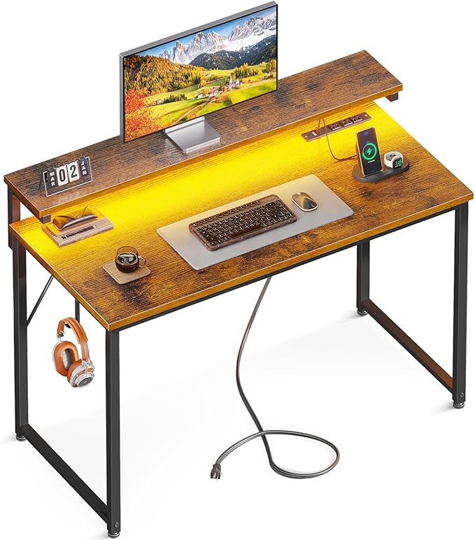 AODK Small Desk, 40 Inch Gaming Desk with LED Lights and Power Outlet, Computer Desk with Adjustable Monitor Shelf (3 Heights), Home Office Table Study Desk Compact Desk for Small Space, Rustic Brown - LeafyLoom