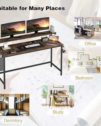 Shintenchi 55 inch Computer Desk with Monitor Stand, Stable Design Writing Desk, Study Workstation Home Office Table with Storage Bag & Hook, Vintage Brown - LeafyLoom