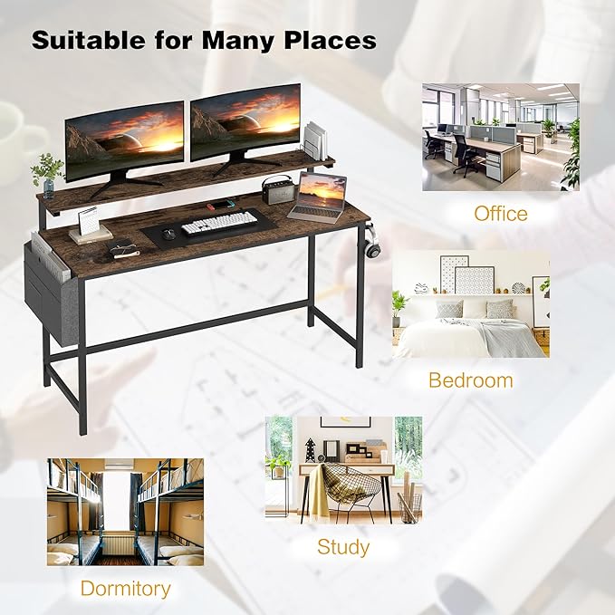 Shintenchi 55 inch Computer Desk with Monitor Stand, Stable Design Writing Desk, Study Workstation Home Office Table with Storage Bag & Hook, Vintage Brown - LeafyLoom