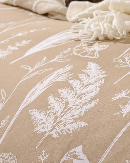 JANZAA 3pcs Taupe Comforter Set King Size Comforter Set,Soft Microfiber Bedding Plant Printed on Floral Comforter with 2 Pillow Cases for All Seasons(King) - LeafyLoom
