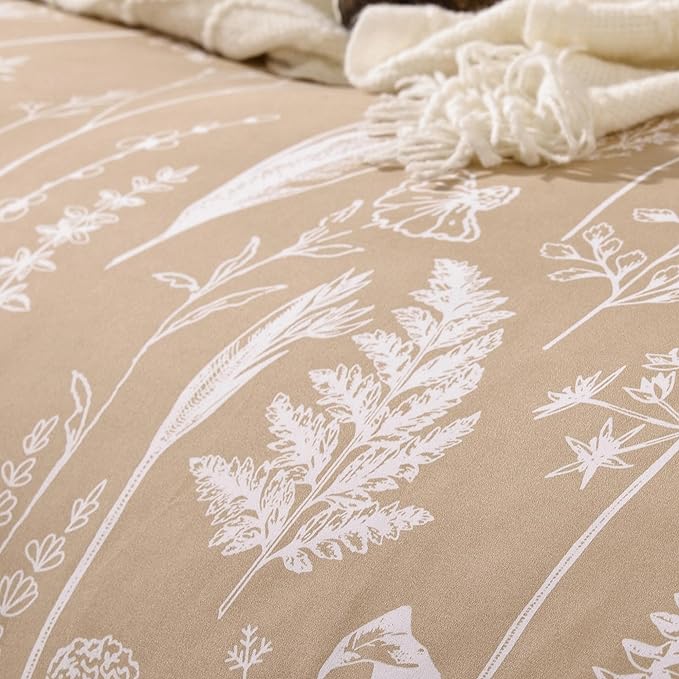 JANZAA 3pcs Taupe Comforter Set King Size Comforter Set,Soft Microfiber Bedding Plant Printed on Floral Comforter with 2 Pillow Cases for All Seasons(King) - LeafyLoom