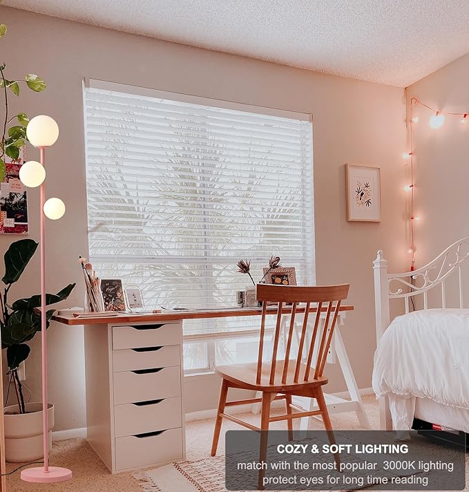 3 Globe Floor Lamp with Sphere Frosted Glass Shade and Warm Light LED Bulbs, Pink Modern Standing Lamp, Cute LED Tall Pole Lamp for Living Room, Bedroom, Girls Room - Elegant Pink - LeafyLoom