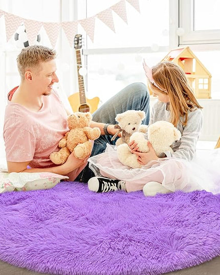 Purple Round Rug for Bedroom, Super Fluffy Circle Rugs for Baby Nursery, 4'X4' Feet Furry Carpet for Children Kids Room, Cute Soft Shaggy Rug for Girls Home Decor, Fuzzy Plush Carpets for Dorm - LeafyLoom