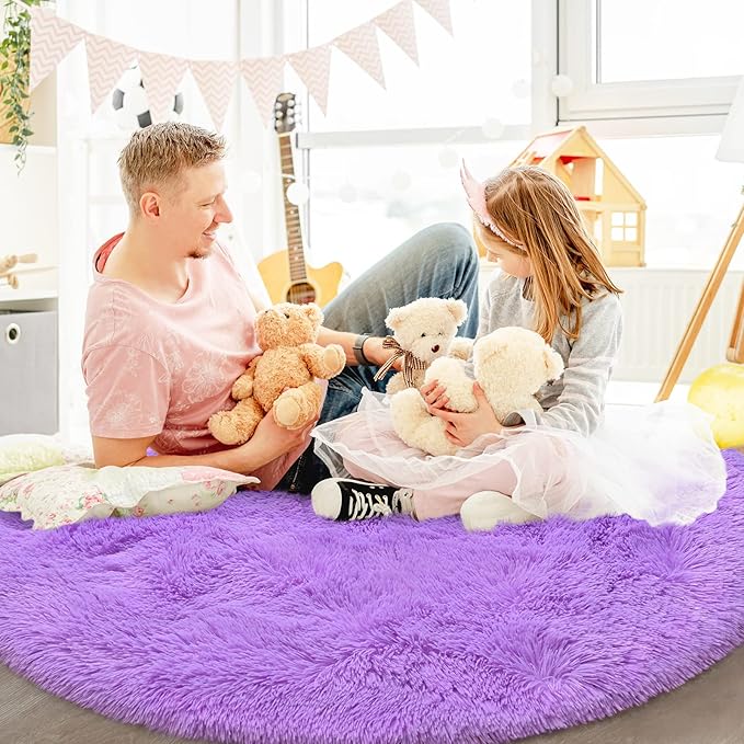 Purple Round Rug for Bedroom, Super Fluffy Circle Rugs for Baby Nursery, 4'X4' Feet Furry Carpet for Children Kids Room, Cute Soft Shaggy Rug for Girls Home Decor, Fuzzy Plush Carpets for Dorm - LeafyLoom