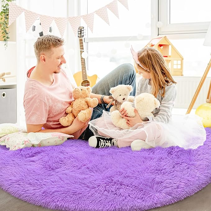 Purple Round Rug for Bedroom, Super Fluffy Circle Rugs for Baby Nursery, 5'X5' Feet Furry Carpet for Children Kids Room, Cute Soft Shaggy Rug for Girls Home Decor, Fuzzy Plush Carpets for Dorm - LeafyLoom