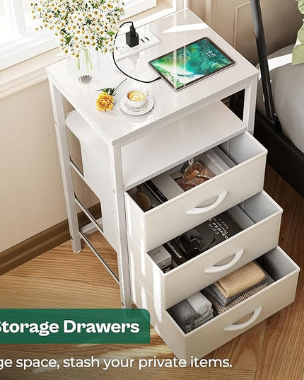 Nightstand with Charging Station, 27.6 Inch Side Table with Drawers, PU Leather Finish, End Table Bedside Table with USB Ports and Outlets, Night Stand for Bedroom, White - LeafyLoom