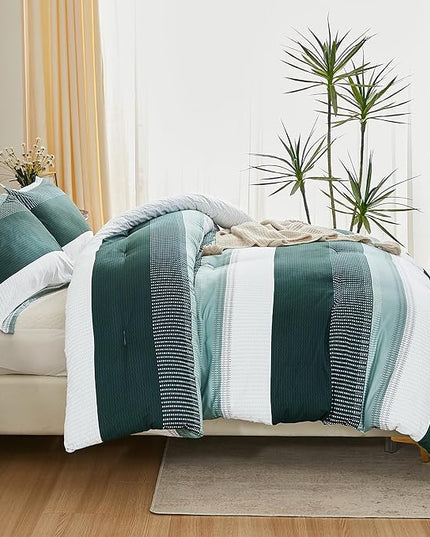 Litanika Dark Emerald Green Bed Comforter Twin/Twin XL Set, 2 Pieces Twin Extra Long Size Boys Men Forest Bedding Set, Single Colorblock Striped Bed Set - LeafyLoom