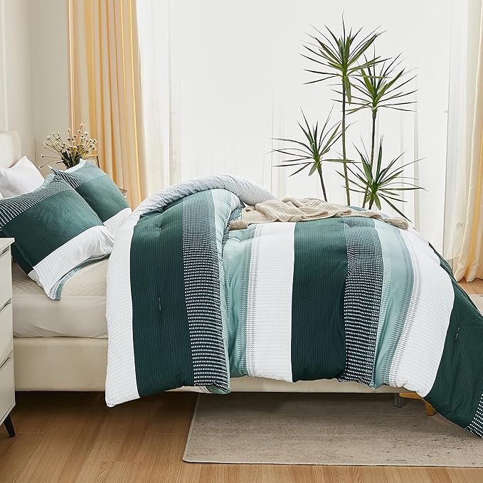 Litanika Dark Emerald Green Bed Comforter Twin/Twin XL Set, 2 Pieces Twin Extra Long Size Boys Men Forest Bedding Set, Single Colorblock Striped Bed Set - LeafyLoom