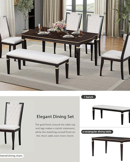 NicBex Dining Room Table Set for 6 Kitchen Table and Chairs 62.7" Rectangular Table and 4 High-Back Tufted Chairs & 1 Bench for Dining Room and Kitchen, Espresso - LeafyLoom