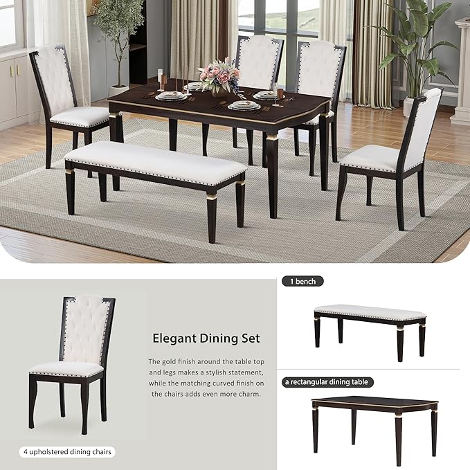 NicBex Dining Room Table Set for 6 Kitchen Table and Chairs 62.7" Rectangular Table and 4 High-Back Tufted Chairs & 1 Bench for Dining Room and Kitchen, Espresso - LeafyLoom