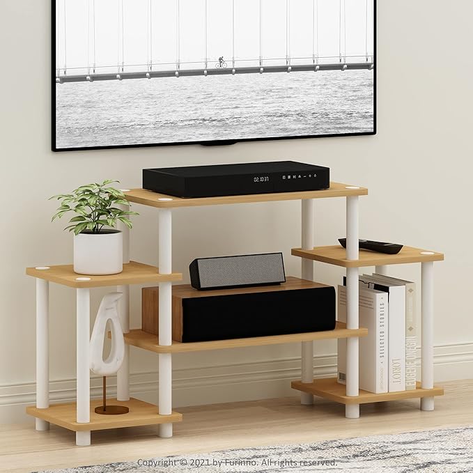 Furinno Turn-N-Tube No Tools Entertainment TV Stands, Beech/White, Square Corner - LeafyLoom