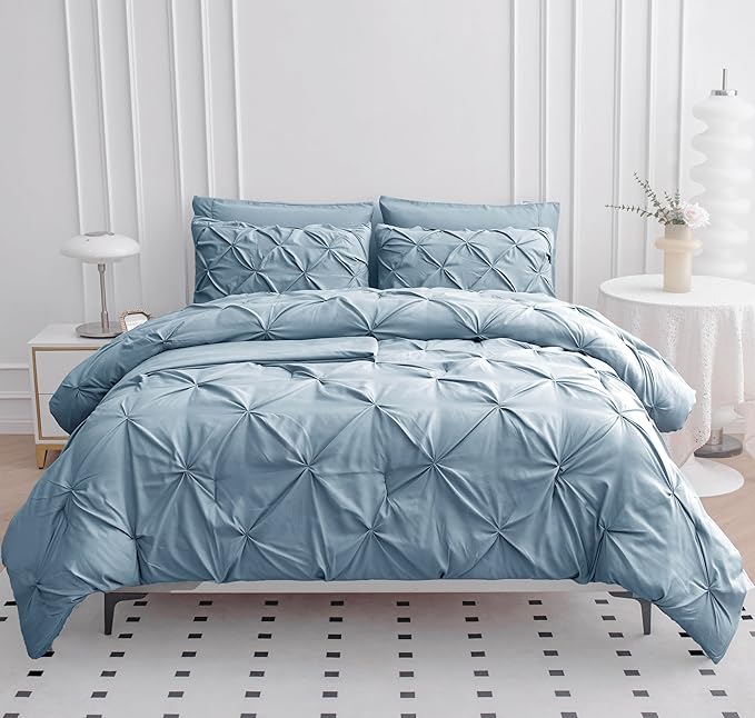 LANE LINEN Comforters Queen Size, 7 Piece Queen Comforter Set, Soft Queen Size Comforter Sets, Pintuck Queen Bed Set, Fluffy Comforters Queen Size Set with Sheets, Pillowcases & Shams - French Blue - LeafyLoom