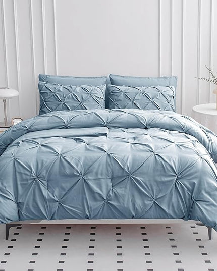 Lane Linen California King Comforter Set, 7 Piece Cal King Bed in a Bag, Pintuck Cal King Bedding Set, Soft Cali King Bed Set, Cal King Bed Comforter Set with Sheets, Pillowcases & Shams - French Blue - LeafyLoom