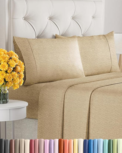 Full Size 4 Piece Sheet Set - Comfy Breathable & Cooling Sheets - Hotel Luxury Bed Sheets for Women & Men - Deep Pockets, Easy-Fit, Soft & Wrinkle Free Sheets - Heathered Tan Oeko-Tex Bed Sheet Set - LeafyLoom