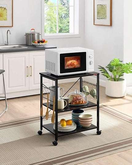 Mr IRONSTONE Kitchen Stand Microwave Cart 23.7'' for Small Space, Coffee Bar Table 3-Tier Rolling Utility Microwave Stand on Wheels, Coffee Cart with Storage Bakers Rack, Black Board+Black Metal Frame - LeafyLoom