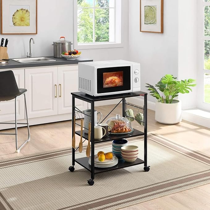 Mr IRONSTONE Kitchen Stand Microwave Cart 23.7'' for Small Space, Coffee Bar Table 3-Tier Rolling Utility Microwave Stand on Wheels, Coffee Cart with Storage Bakers Rack, Black Board+Black Metal Frame - LeafyLoom