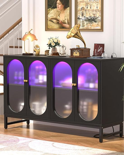 Aheaplus Sideboard Buffet Cabinet with Power Outlet, Kitchen Sideboard Storage Cabinet with LED Light, 4 Doors, Modern Accent Cabinet Coffee Bar Cabinet Console Table for Kitchen Dining Room, Black - LeafyLoom