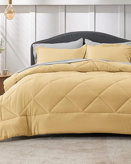 Bedsure Yellow Full Size Comforter Set - 7 Pieces Reversible Full Bed in a Bag Full Bed Set with Comforters, Sheets, Pillowcases & Shams, Full Bedding Sets - LeafyLoom