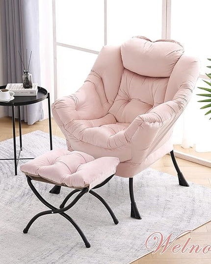 Welnow Lazy Chair with Ottoman, Modern Lounge Accent Chair with Armrests and a Side Pocket, Leisure Upholstered Sofa Chair Set, Reading Chair with Footrest for Small Space, Corner Chair, Pink - LeafyLoom