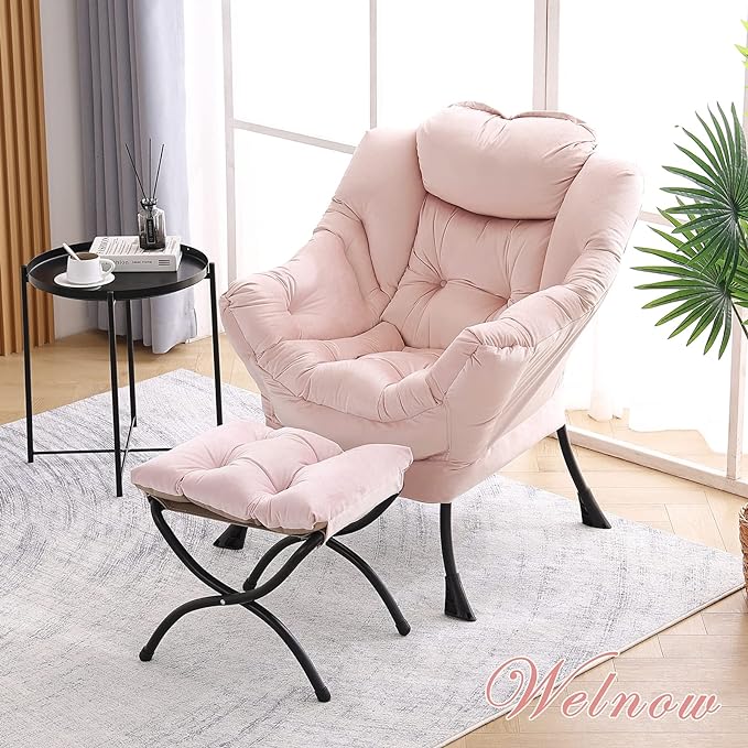 Welnow Lazy Chair with Ottoman, Modern Lounge Accent Chair with Armrests and a Side Pocket, Leisure Upholstered Sofa Chair Set, Reading Chair with Footrest for Small Space, Corner Chair, Pink - LeafyLoom