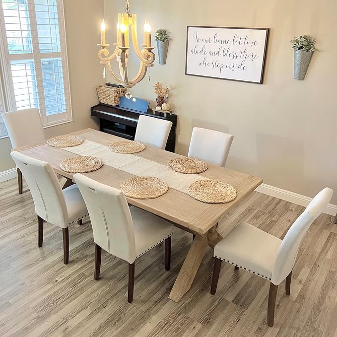 COLAMY Upholstered Parsons Dining Chairs Set of 4, Fabric Dining Room Kitchen Side Chair with Nailhead Trim and Wood Legs - Beige - LeafyLoom