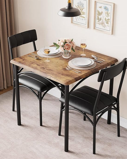 IDEALHOUSE Dining Table Set, Kitchen Table and Chairs for 2, Metal and Wood Square Dining Room Table Set with 2 Upholstered Chairs, 3 Piece Dining Table Set for Small Space, Apartment, Rustic Brown - LeafyLoom
