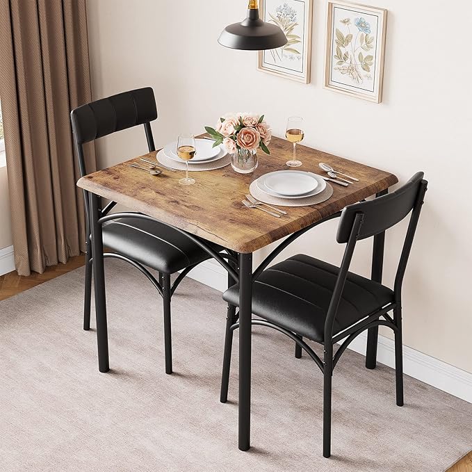 IDEALHOUSE Dining Table Set, Kitchen Table and Chairs for 2, Metal and Wood Square Dining Room Table Set with 2 Upholstered Chairs, 3 Piece Dining Table Set for Small Space, Apartment, Rustic Brown - LeafyLoom