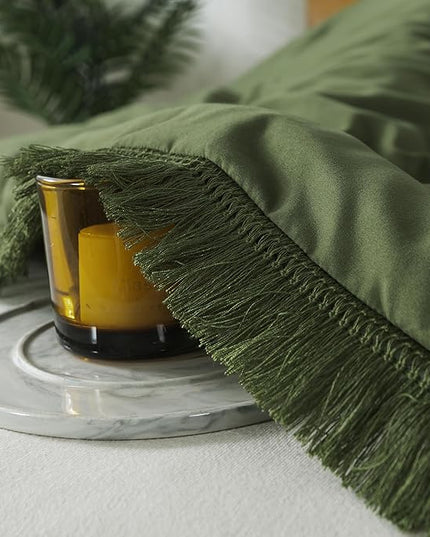 Andency Olive Green Comforter Set Queen, 3 Pieces Boho Tassel Lightweight Bedding Comforter Sets, All Season Soft Fluffy Fringe Bed Set (90x90In Comforter & 2 Pillowcases) - LeafyLoom