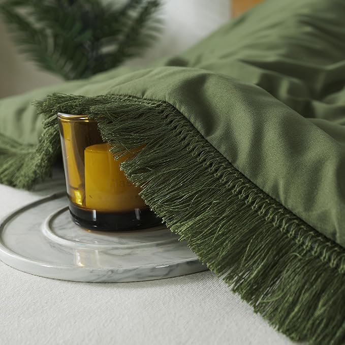 Andency Olive Green Comforter Set Queen, 3 Pieces Boho Tassel Lightweight Bedding Comforter Sets, All Season Soft Fluffy Fringe Bed Set (90x90In Comforter & 2 Pillowcases) - LeafyLoom